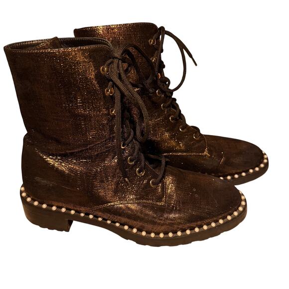 Stuart Weitzman Allie Pearl Combat Boots Metallic Suede Lug Sole 8.5B EU 39 - Picture 2 of 9